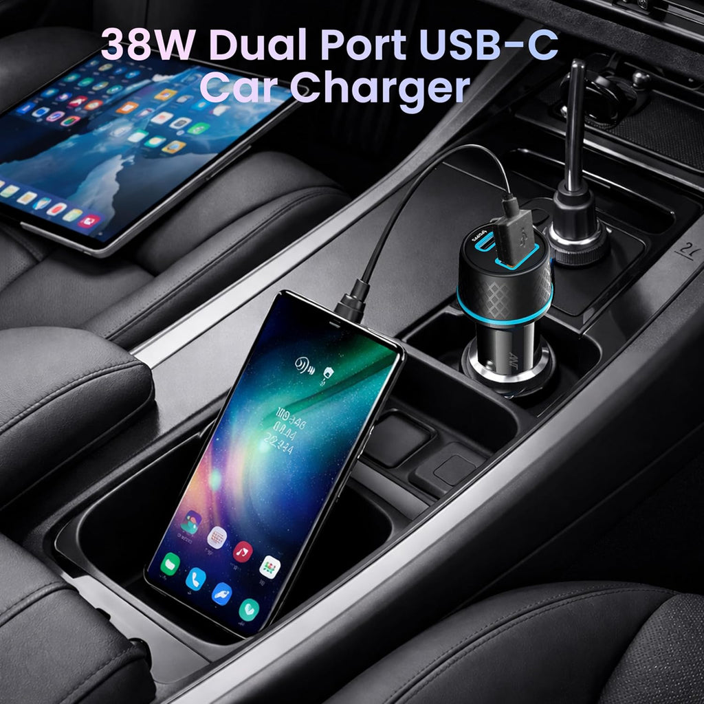 38 Watts Car Charger, Dual Output (USB + Type C), PPS Tech, Rapid Charge, Compact Design, for Smartphones, iPhones, Tablets, Earbuds (CC2018, Black)