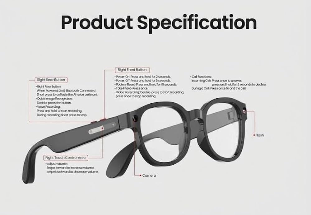 AI Smart Glasses with Voice Assistant, AIMB-S1 M02O, Pen-Ear Audio, HD Camera for Photos & Video, Hands-Free Calls & Music, Touch Controls, Lightweight Design, Android & iOS Compatible (Aura)