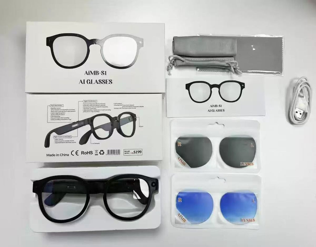 AI Smart Glasses with Voice Assistant, AIMB-S1 M02O, Pen-Ear Audio, HD Camera for Photos & Video, Hands-Free Calls & Music, Touch Controls, Lightweight Design, Android & iOS Compatible (Aura)