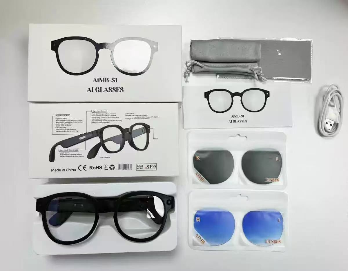 AI Smart Glasses with Voice Assistant, AIMB-S1 M02O, Pen-Ear Audio, HD Camera for Photos & Video, Hands-Free Calls & Music, Touch Controls, Lightweight Design, Android & iOS Compatible (Aura)