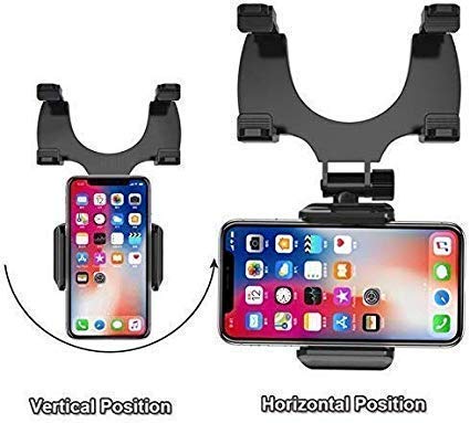 Universal Car Rear View Mirror Mount Stand Mobile Holder Fits for All Mobile Phones Size Upto 6.0" Inch - (Black)