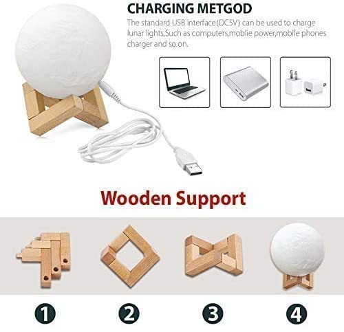 3D Moon Night Lamp – Rechargeable with 7 Color Changing Features, 15CM – Elegant Plastic Design for Beautiful Indoor Lighting in Bedrooms and Kids' Rooms | Gifts for Woman | Valentine Gift