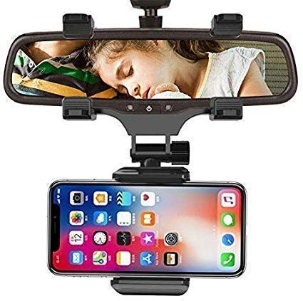 Universal Car Rear View Mirror Mount Stand Mobile Holder Fits for All Mobile Phones Size Upto 6.0" Inch - (Black)