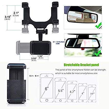 Universal Car Rear View Mirror Mount Stand Mobile Holder Fits for All Mobile Phones Size Upto 6.0" Inch - (Black)