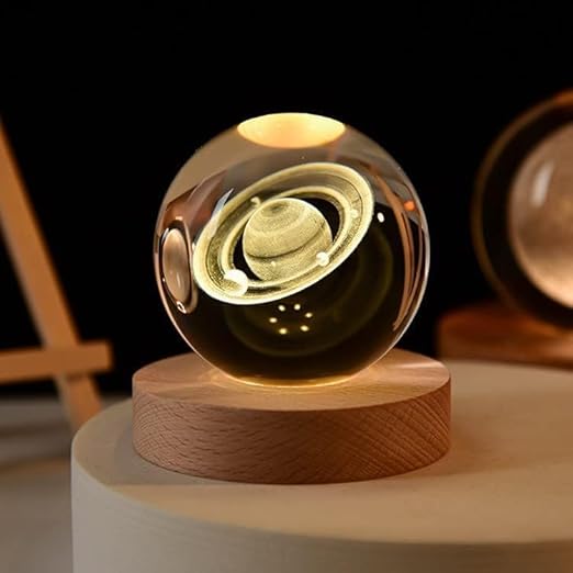 3D Saturn Crystal Ball Night Lamp, Crystal Ball Night Light, Corded Electric Table Colorful LED 2.4 Inch Wooden Base Lamp for Home Decoration Birthday Gift for Teens Boys and Girls