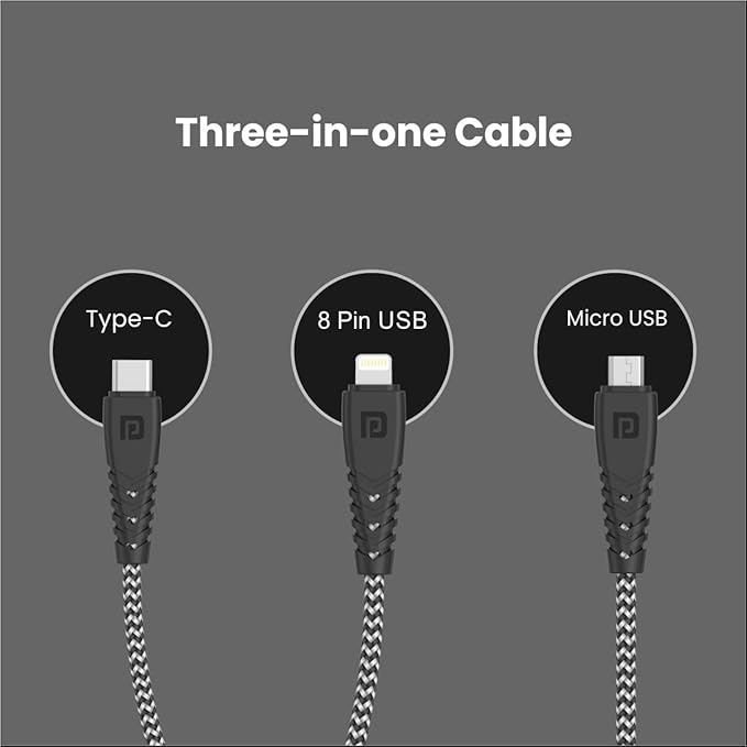 3-in-1 Multi Functional Cable with 3.0A Total Output, Tangle Resistant, 1.2M Length, Nylon Braided(Zebra)