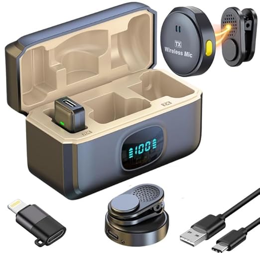 Generic Q8 Mic|Dual Wireless Lavalier Microphone with LED Display Case, Noise Cancelling Lapel Microphone for YouTube, Vlogging, Recording, Plug & Play for iOS, Android