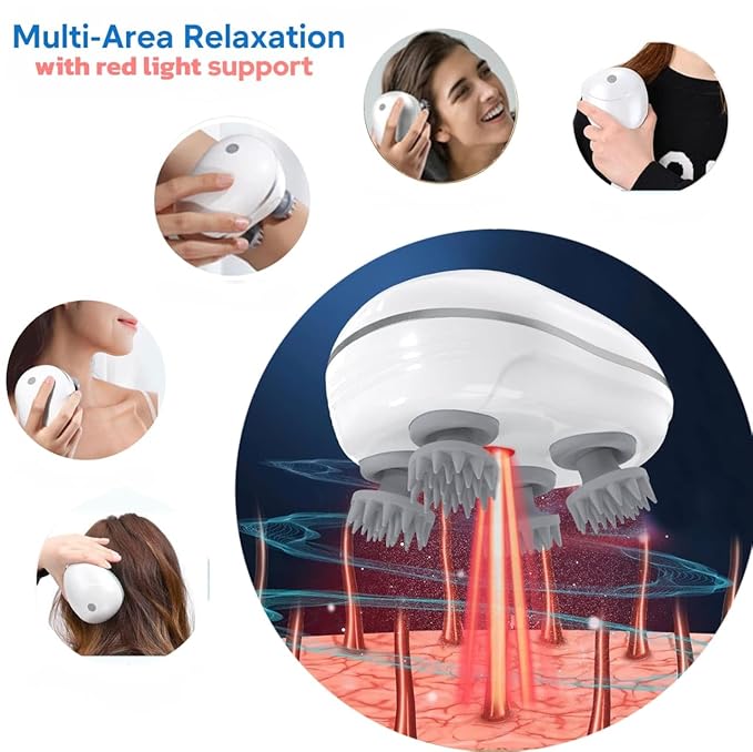 Rechargeable Electric Head & Scalp Massager | 96 Soft Silicone Kneading Points | Red-Light Relaxation | Detachable Washable Heads | Cordless Stress Relief for Head, Neck & Shoulders