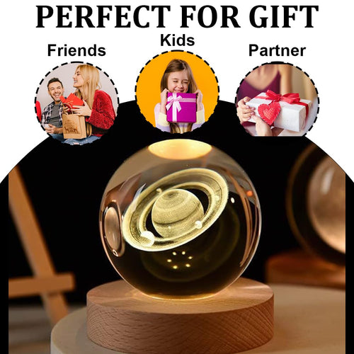 3D Saturn Crystal Ball Night Lamp, Crystal Ball Night Light, Corded Electric Table Colorful LED 2.4 Inch Wooden Base Lamp for Home Decoration Birthday Gift for Teens Boys and Girls