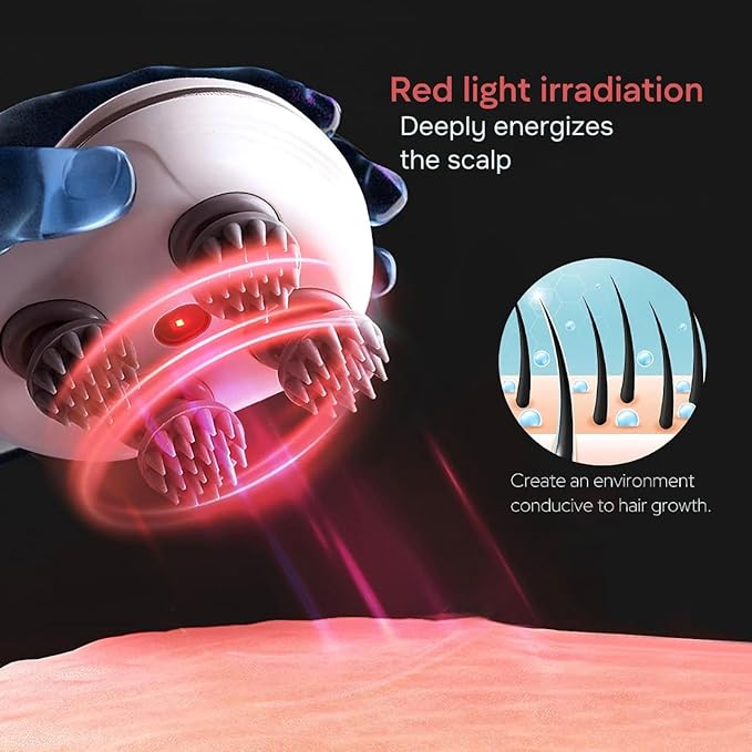 Rechargeable Electric Head & Scalp Massager | 96 Soft Silicone Kneading Points | Red-Light Relaxation | Detachable Washable Heads | Cordless Stress Relief for Head, Neck & Shoulders