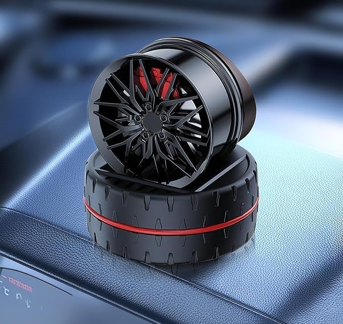 Wheel Alloy Shape Rotating Car Dashboard Air Freshener Tire Perfume Stylish Rotating Car Air Freshener Solar Car Dashboard Accessories (Red)