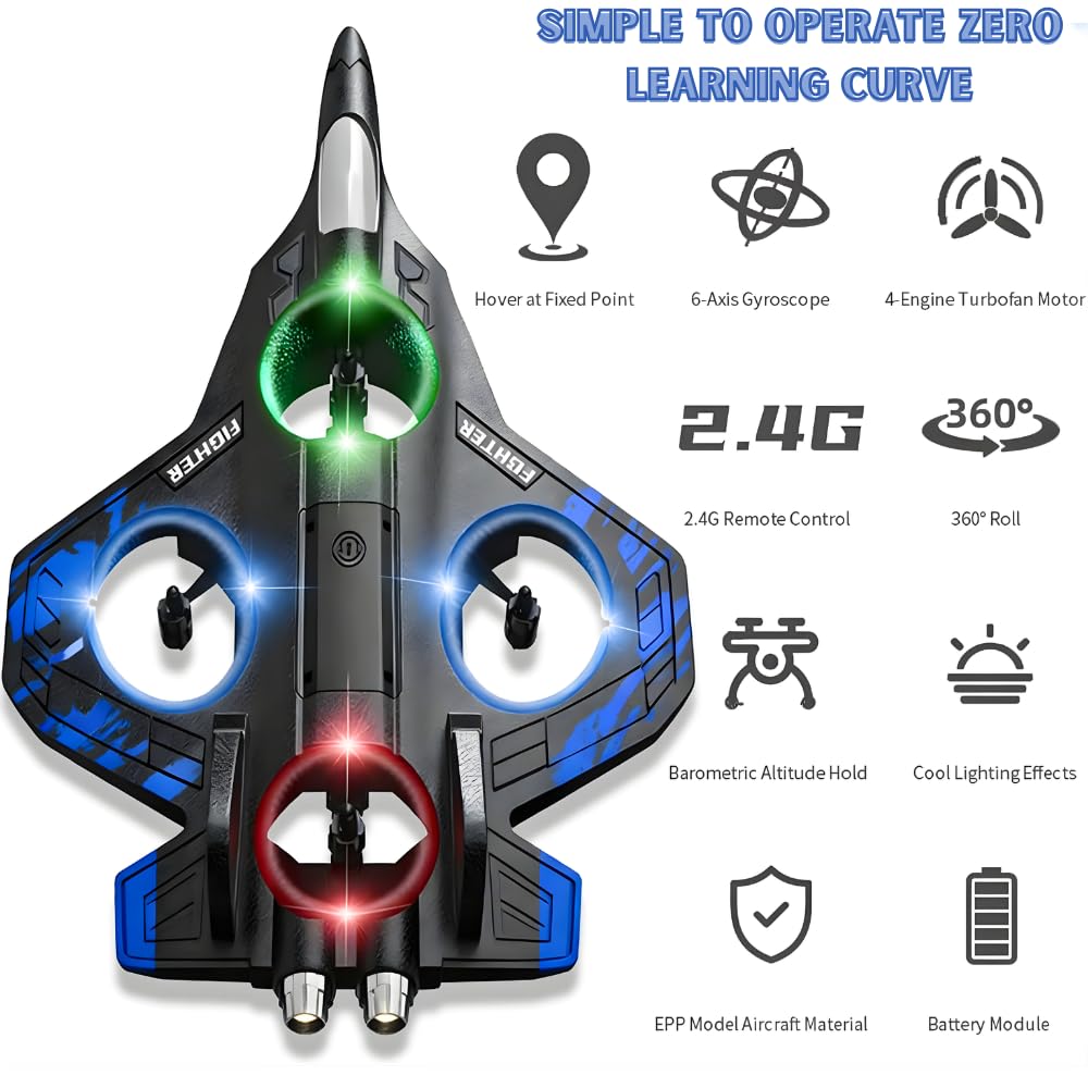 RC Fighter Jet Airplane for Kids & Adults | Remote Control Flying Plane Toy with LED Lights, 360° Flip & Stunt Roll | Rechargeable Easy to Fly RC Aircraft