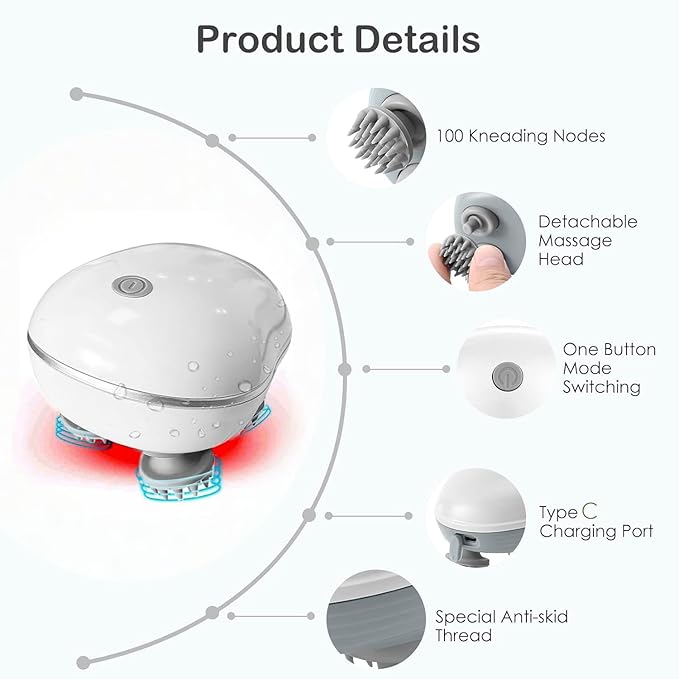 Rechargeable Electric Head & Scalp Massager | 96 Soft Silicone Kneading Points | Red-Light Relaxation | Detachable Washable Heads | Cordless Stress Relief for Head, Neck & Shoulders