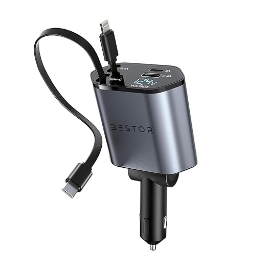 120W 4-in-1 Retractable Car Charger with Dual Fast Charging Cables | USB-C + Lightning | 3A USB Port, 2.4A USB Port | LED Voltage Display | 12V/24V Universal Car Adapter