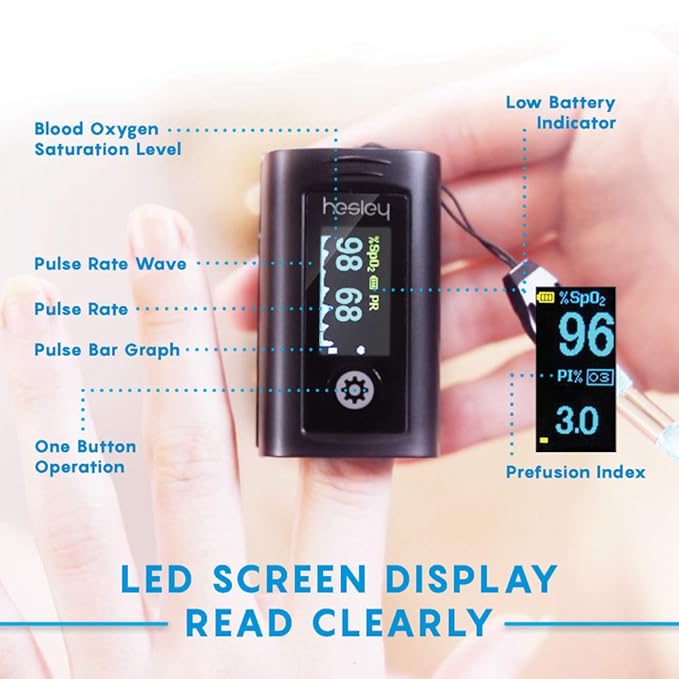 Hesley Pulse Oximeter Fingertip, Oxygen Saturation Monitor with Plethysmograph and Perfusion Index, Heart Rate and SpO2 Levels Meter with LED Display for Adult (Blue and Black)