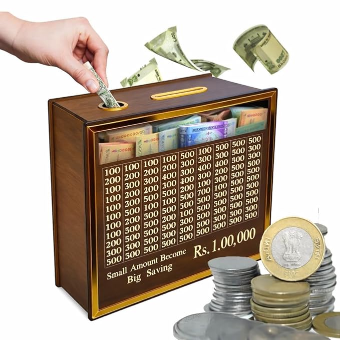 Money Saving Box for Kids and Adults | Wooden Money Bank with Lock | Big Size Piggy Bank 2 Lakh Target | 1 Lakh Saving Box with Numbers | Undiyal Hundi Pig (Brown)