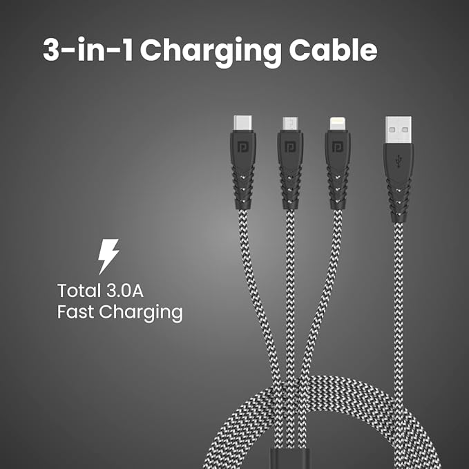 3-in-1 Multi Functional Cable with 3.0A Total Output, Tangle Resistant, 1.2M Length, Nylon Braided(Zebra)