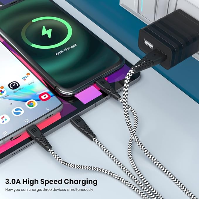 3-in-1 Multi Functional Cable with 3.0A Total Output, Tangle Resistant, 1.2M Length, Nylon Braided(Zebra)