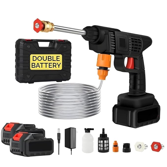 Cordless Portable Pressure Washer Gun 48V 12000mAh | Double Battery Wireless High Pressure Water Gun with Adjustable Nozzle & 5M Hose Pipe | Car Wash, Bike Cleaning & Outdoor Use.