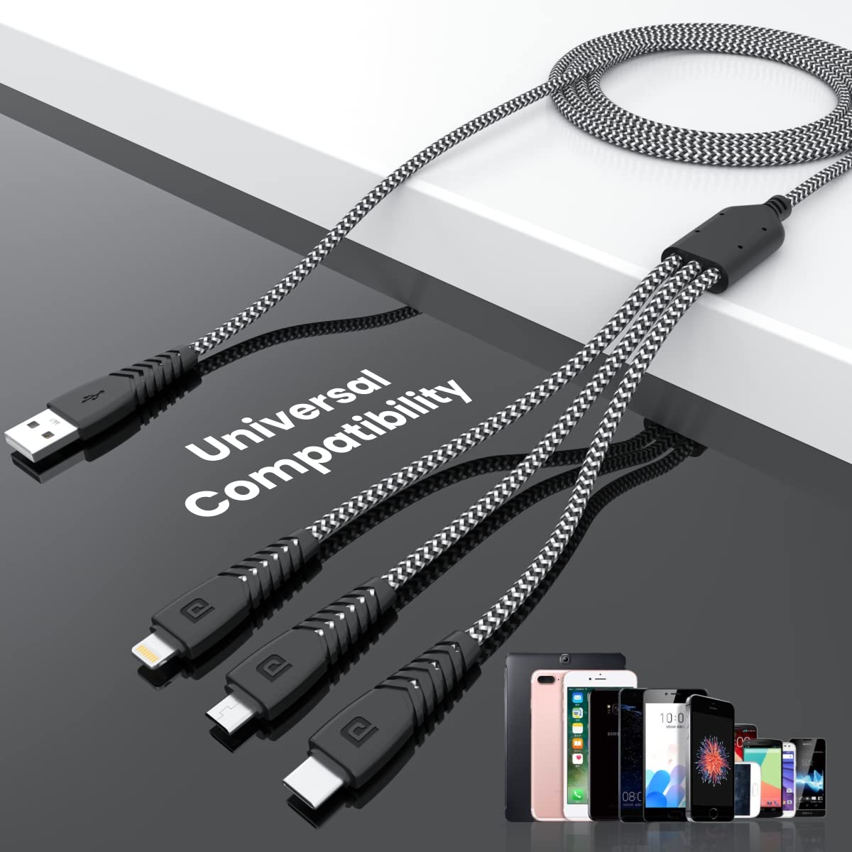 3-in-1 Multi Functional Cable with 3.0A Total Output, Tangle Resistant, 1.2M Length, Nylon Braided(Zebra)