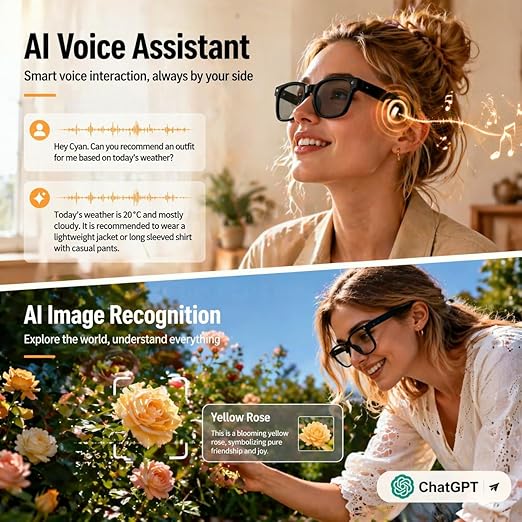 AI Smart Glasses with Voice Assistant, AIMB-S1 M02O, Pen-Ear Audio, HD Camera for Photos & Video, Hands-Free Calls & Music, Touch Controls, Lightweight Design, Android & iOS Compatible (Aura)