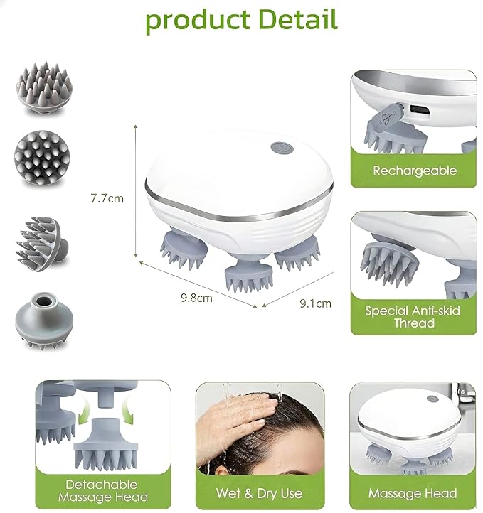 Rechargeable Electric Head & Scalp Massager | 96 Soft Silicone Kneading Points | Red-Light Relaxation | Detachable Washable Heads | Cordless Stress Relief for Head, Neck & Shoulders