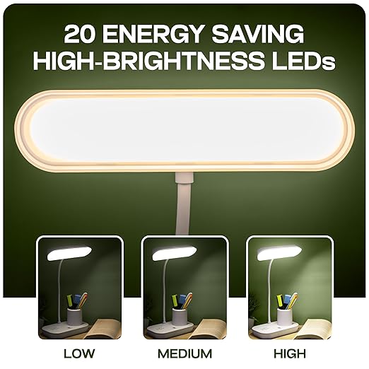 LED Table Rechargeable Stable Desk Lamp with USB Cable for Study Room | 3 Color Modes & Adjustable Brightness | Touch Dimmer | Flexible Gooseneck, Pen & Mobile Holder