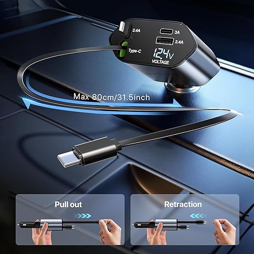 120W 4-in-1 Retractable Car Charger with Dual Fast Charging Cables | USB-C + Lightning | 3A USB Port, 2.4A USB Port | LED Voltage Display | 12V/24V Universal Car Adapter