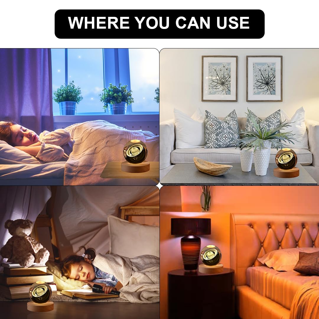 3D Saturn Crystal Ball Night Lamp, Crystal Ball Night Light, Corded Electric Table Colorful LED 2.4 Inch Wooden Base Lamp for Home Decoration Birthday Gift for Teens Boys and Girls