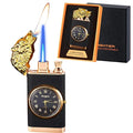 Refillable butane lighter with a built-in quartz watch and a dragon-embossed design