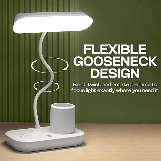 LED Table Rechargeable Stable Desk Lamp with USB Cable for Study Room | 3 Color Modes & Adjustable Brightness | Touch Dimmer | Flexible Gooseneck, Pen & Mobile Holder