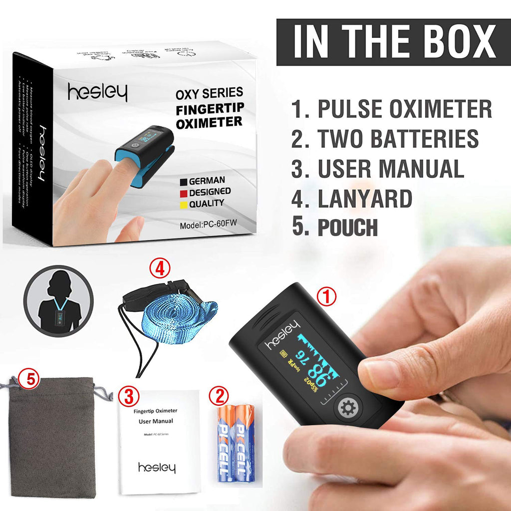 Hesley Pulse Oximeter Fingertip, Oxygen Saturation Monitor with Plethysmograph and Perfusion Index, Heart Rate and SpO2 Levels Meter with LED Display for Adult (Blue and Black)