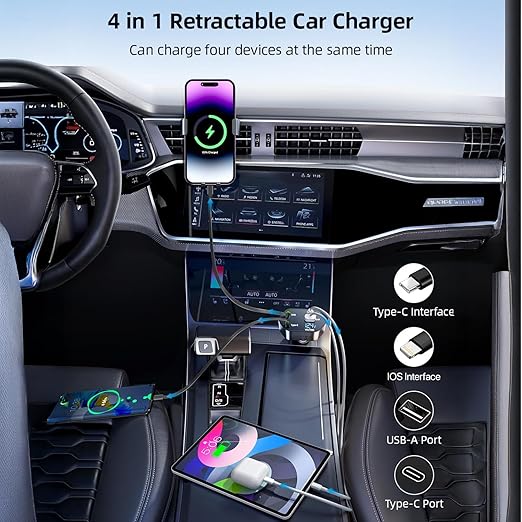 120W 4-in-1 Retractable Car Charger with Dual Fast Charging Cables | USB-C + Lightning | 3A USB Port, 2.4A USB Port | LED Voltage Display | 12V/24V Universal Car Adapter