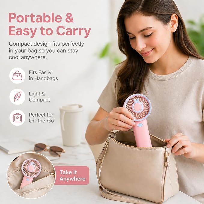 Portable Mini Fan - Rechargeable Hand Fan with 3 Adjustable Speeds, 2000mAh Battery, Lightweight Design, Low Noise, and Easy Portability for Indoor and Outdoor Use (Deep