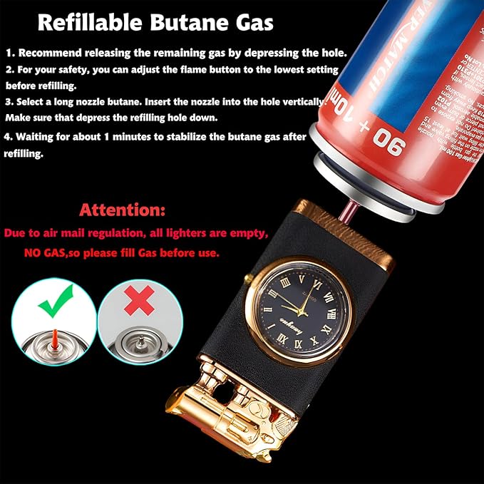 Refillable butane lighter with a built-in quartz watch and a dragon-embossed design