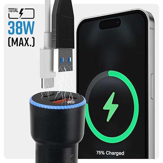 38 Watts Car Charger, Dual Output (USB + Type C), PPS Tech, Rapid Charge, Compact Design, for Smartphones, iPhones, Tablets, Earbuds (CC2018, Black)