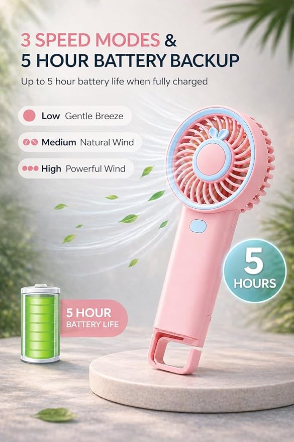 Portable Mini Fan - Rechargeable Hand Fan with 3 Adjustable Speeds, 2000mAh Battery, Lightweight Design, Low Noise, and Easy Portability for Indoor and Outdoor Use (Deep