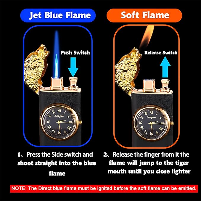 Refillable butane lighter with a built-in quartz watch and a dragon-embossed design