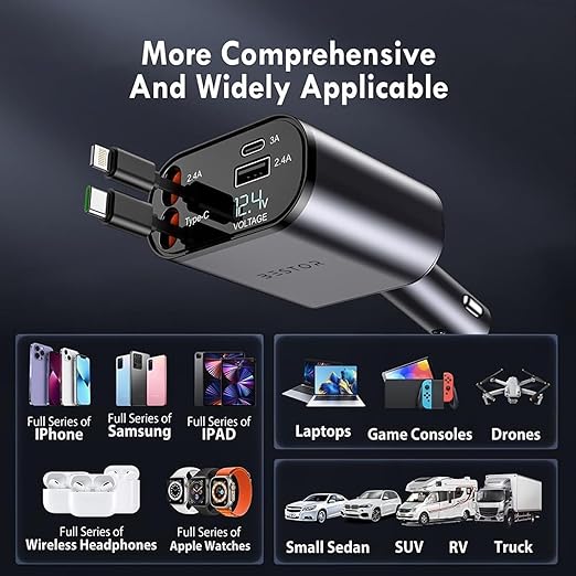 120W 4-in-1 Retractable Car Charger with Dual Fast Charging Cables | USB-C + Lightning | 3A USB Port, 2.4A USB Port | LED Voltage Display | 12V/24V Universal Car Adapter