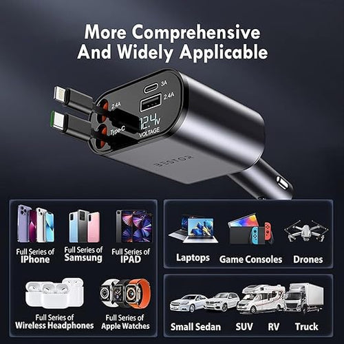 120W 4-in-1 Retractable Car Charger with Dual Fast Charging Cables | USB-C + Lightning | 3A USB Port, 2.4A USB Port | LED Voltage Display | 12V/24V Universal Car Adapter