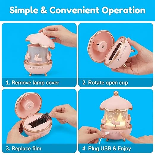 Rabbit Sky Projector Night Lamp | Rechargeable 360° Rotating LED Light with 6 Film Shades for Bedroom, Nursery & & Starry Sky Room Decoration | Kids Room Decoration & Relaxing Night Ambience