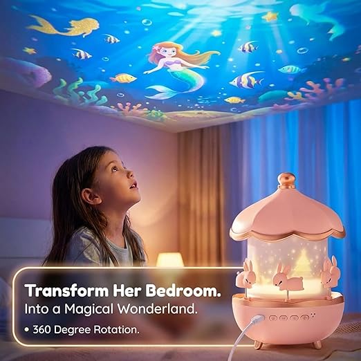 Rabbit Sky Projector Night Lamp | Rechargeable 360° Rotating LED Light with 6 Film Shades for Bedroom, Nursery & & Starry Sky Room Decoration | Kids Room Decoration & Relaxing Night Ambience