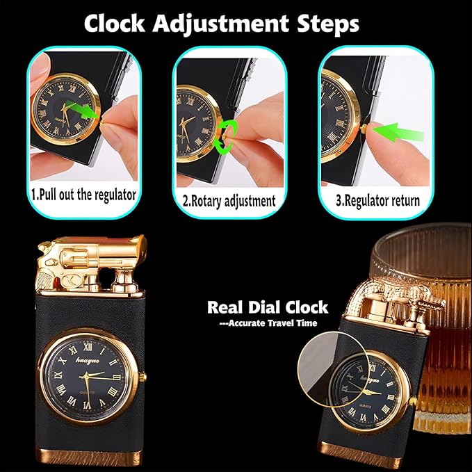 Refillable butane lighter with a built-in quartz watch and a dragon-embossed design