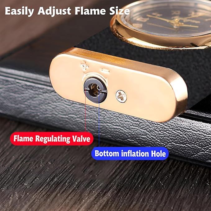 Refillable butane lighter with a built-in quartz watch and a dragon-embossed design