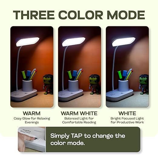LED Table Rechargeable Stable Desk Lamp with USB Cable for Study Room | 3 Color Modes & Adjustable Brightness | Touch Dimmer | Flexible Gooseneck, Pen & Mobile Holder